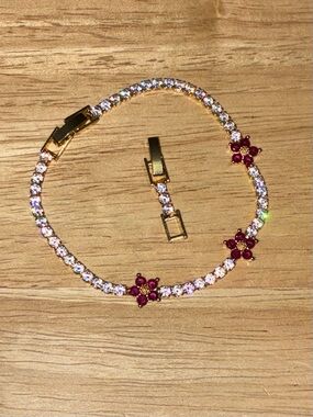 NWT Gold Ruby Flower Tennis Bracelet | Fits 6.5"-7.5"